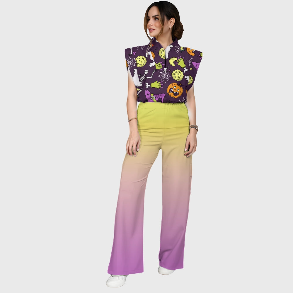 Women's Stand-Up Tie Zipper Halloween Printed Scrub Set SF91222