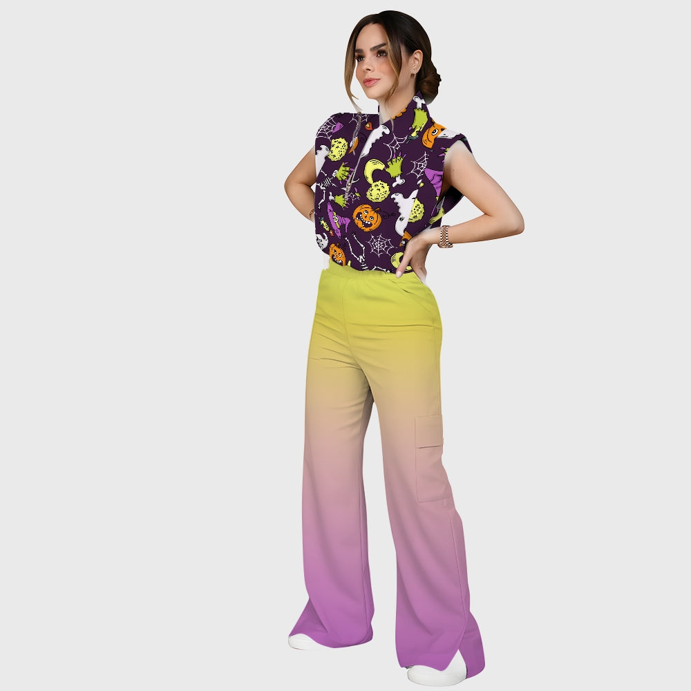 Women's Stand-Up Tie Zipper Halloween Printed Scrub Set SF91222