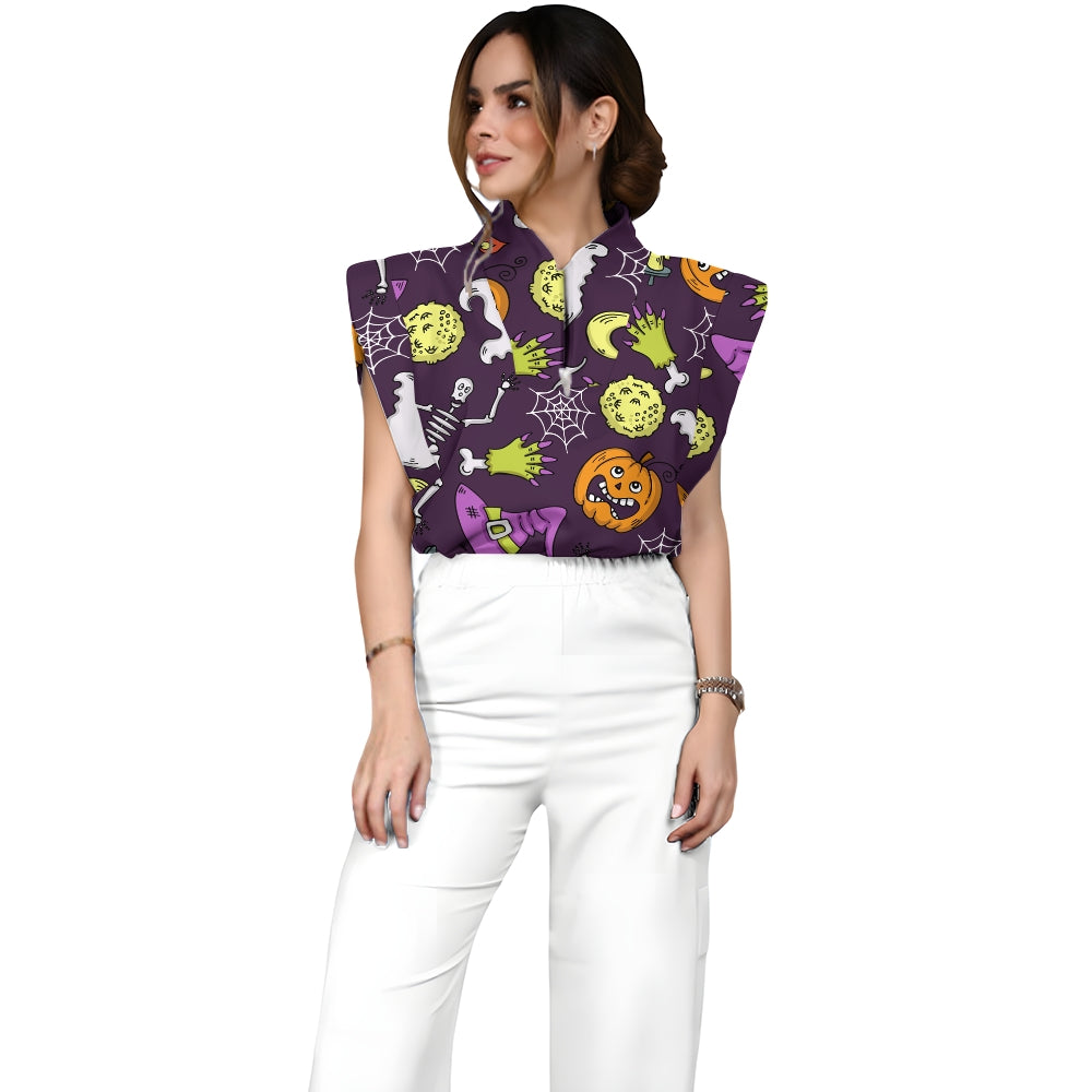 Women's Stand-Up Tie Zipper Halloween Printed Scrub Set SF91222