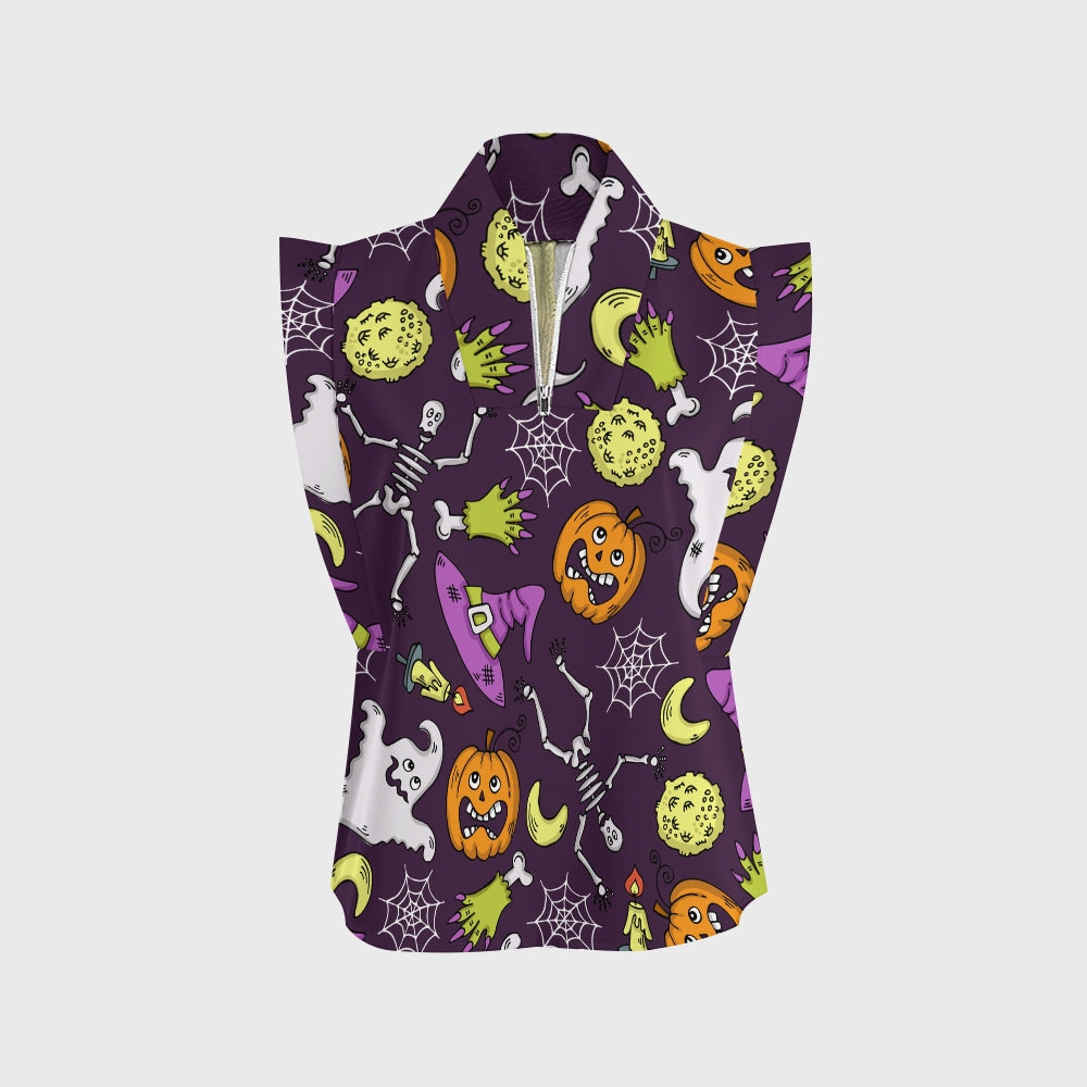 Women's Stand-Up Tie Zipper Halloween Printed Scrub Set SF91222