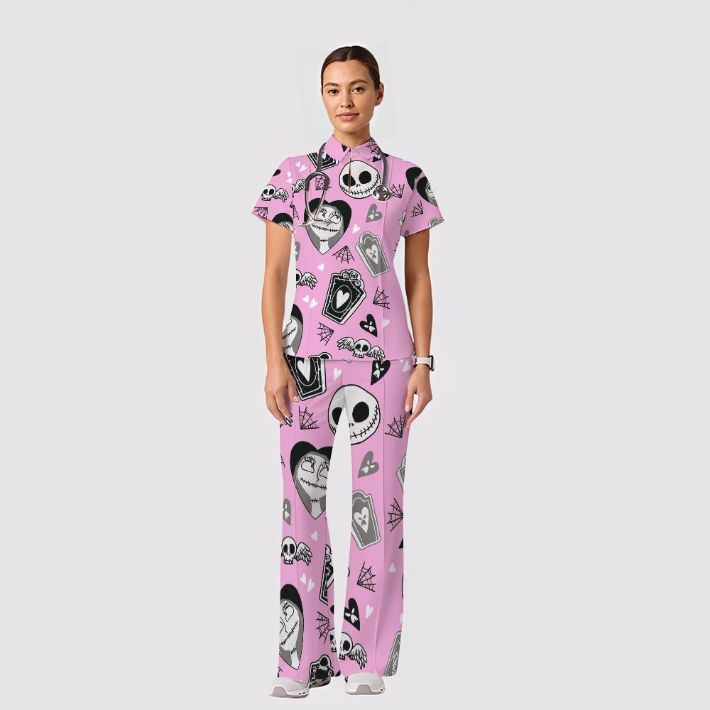 Women's Casual Shirt Collar Halloween Printed Scrub Set SJ9178