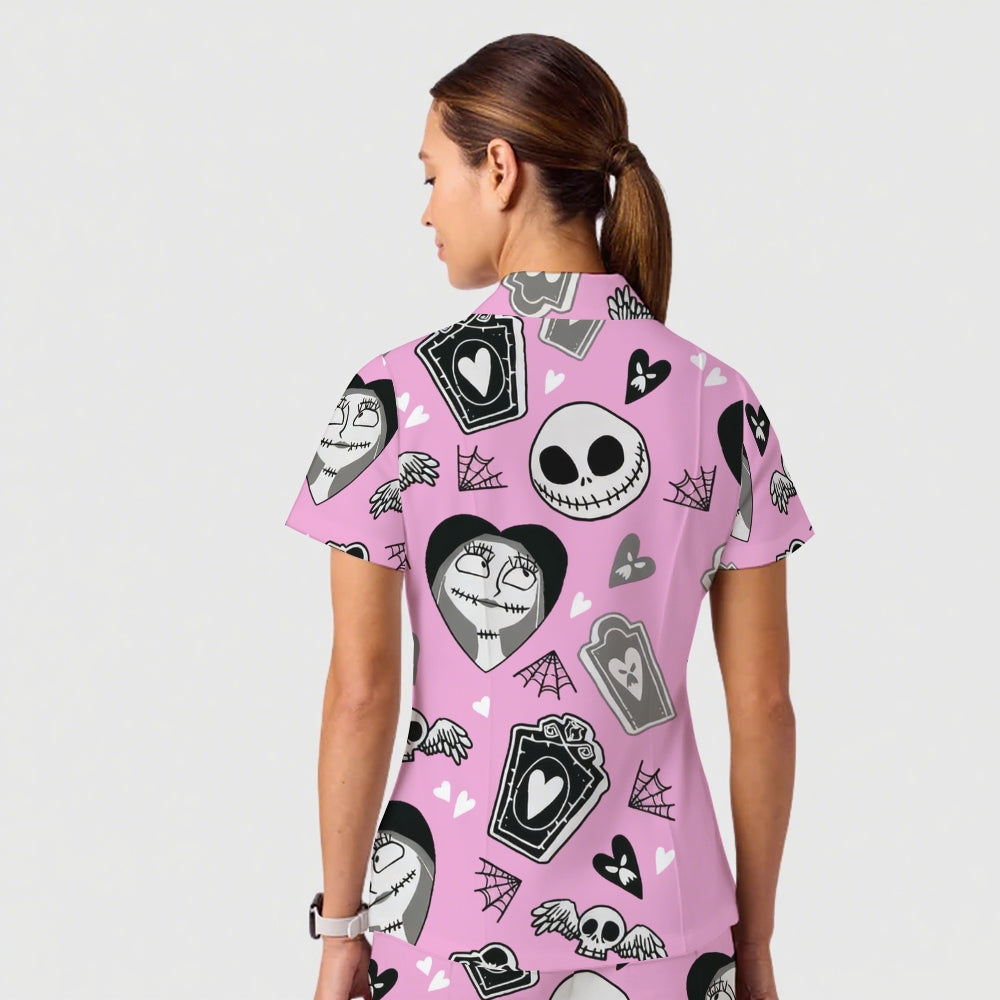 Women's Casual Shirt Collar Halloween Printed Scrub Set SJ9178