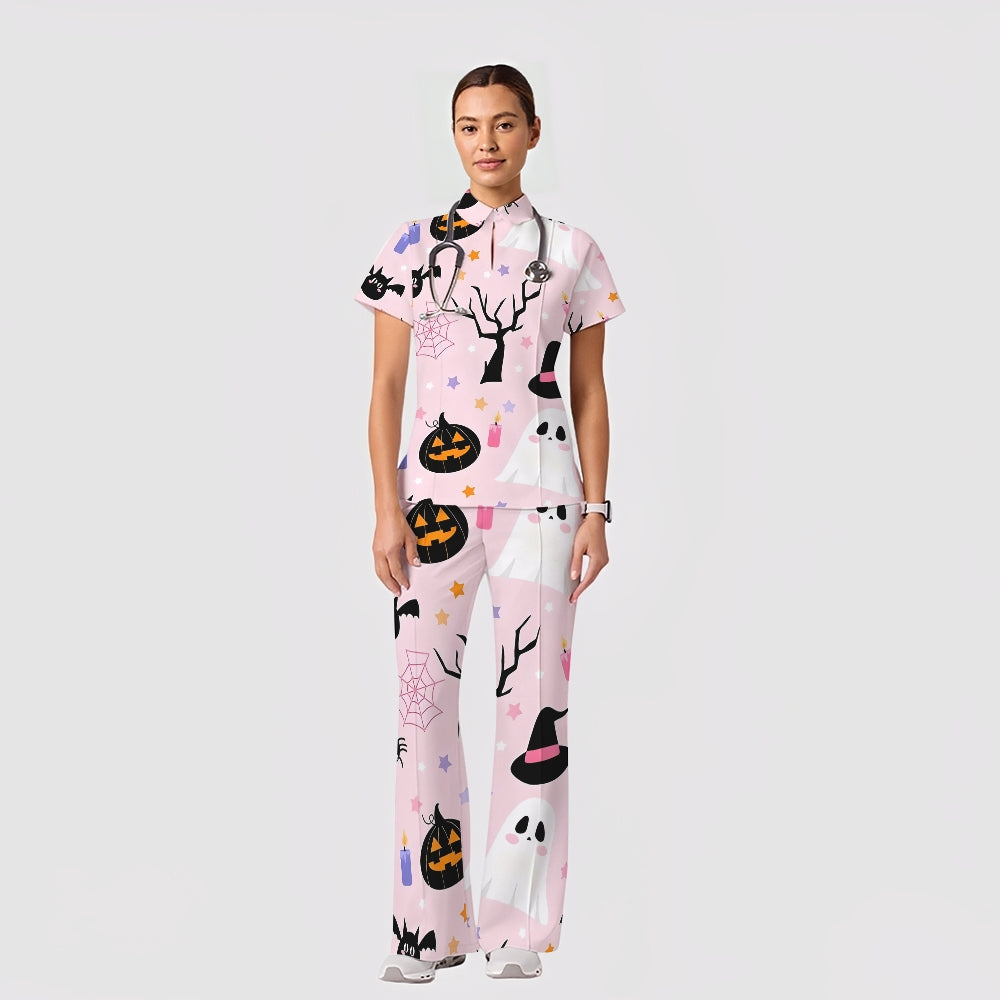 Women's Casual Shirt Collar Halloween Printed Scrub Set SJ9179