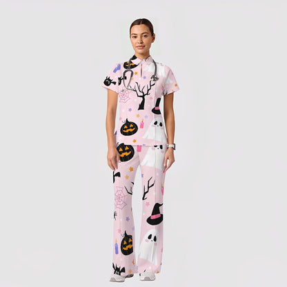 Women's Casual Shirt Collar Halloween Printed Scrub Set SJ9179