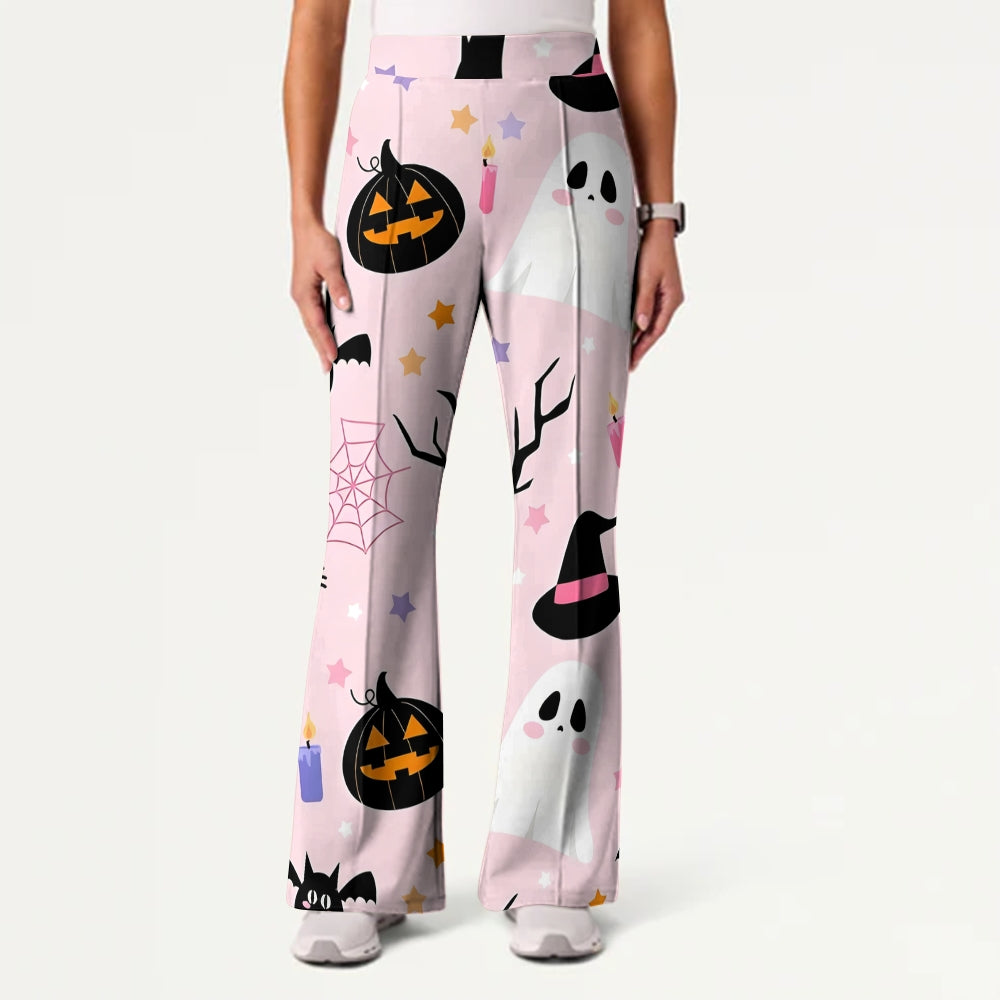 Women's Casual Shirt Collar Halloween Printed Scrub Set SJ9179