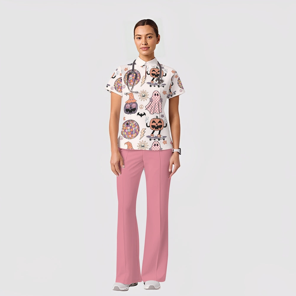 Women's Casual Shirt Collar Halloween Printed Scrub Set SJ91711