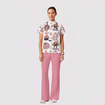 Women's Casual Shirt Collar Halloween Printed Scrub Set SJ91711