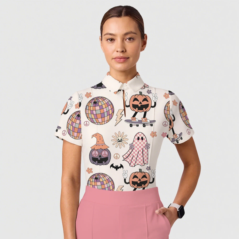 Women's Casual Shirt Collar Halloween Printed Scrub Set SJ91711