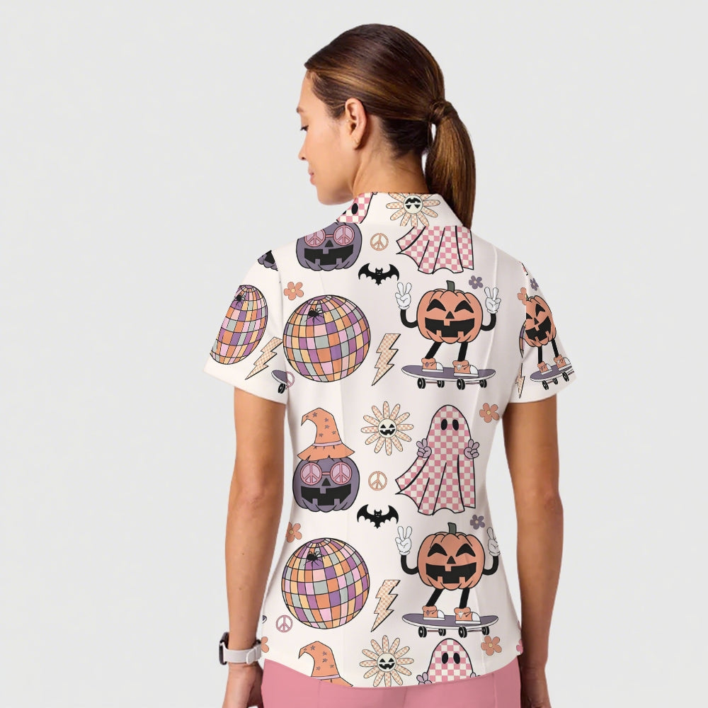 Women's Casual Shirt Collar Halloween Printed Scrub Set SJ91711
