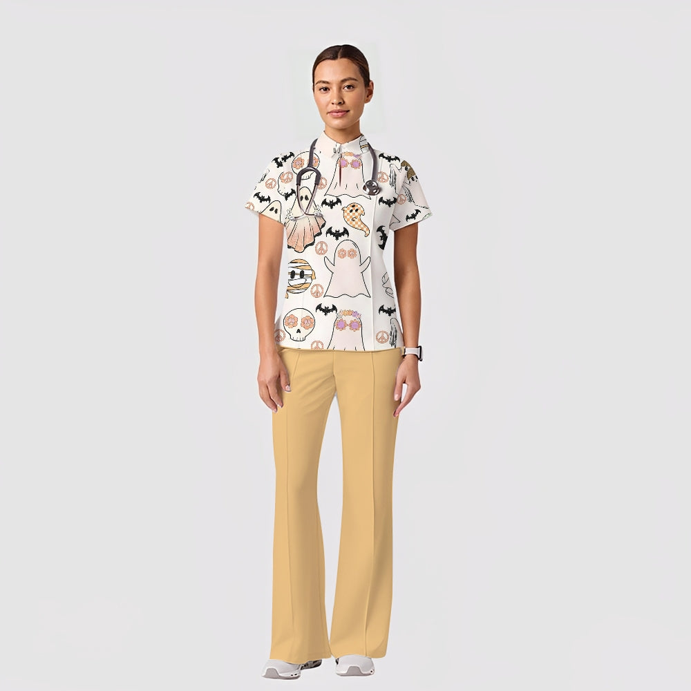 Women's Casual Shirt Collar Halloween Printed Scrub Set SJ91712