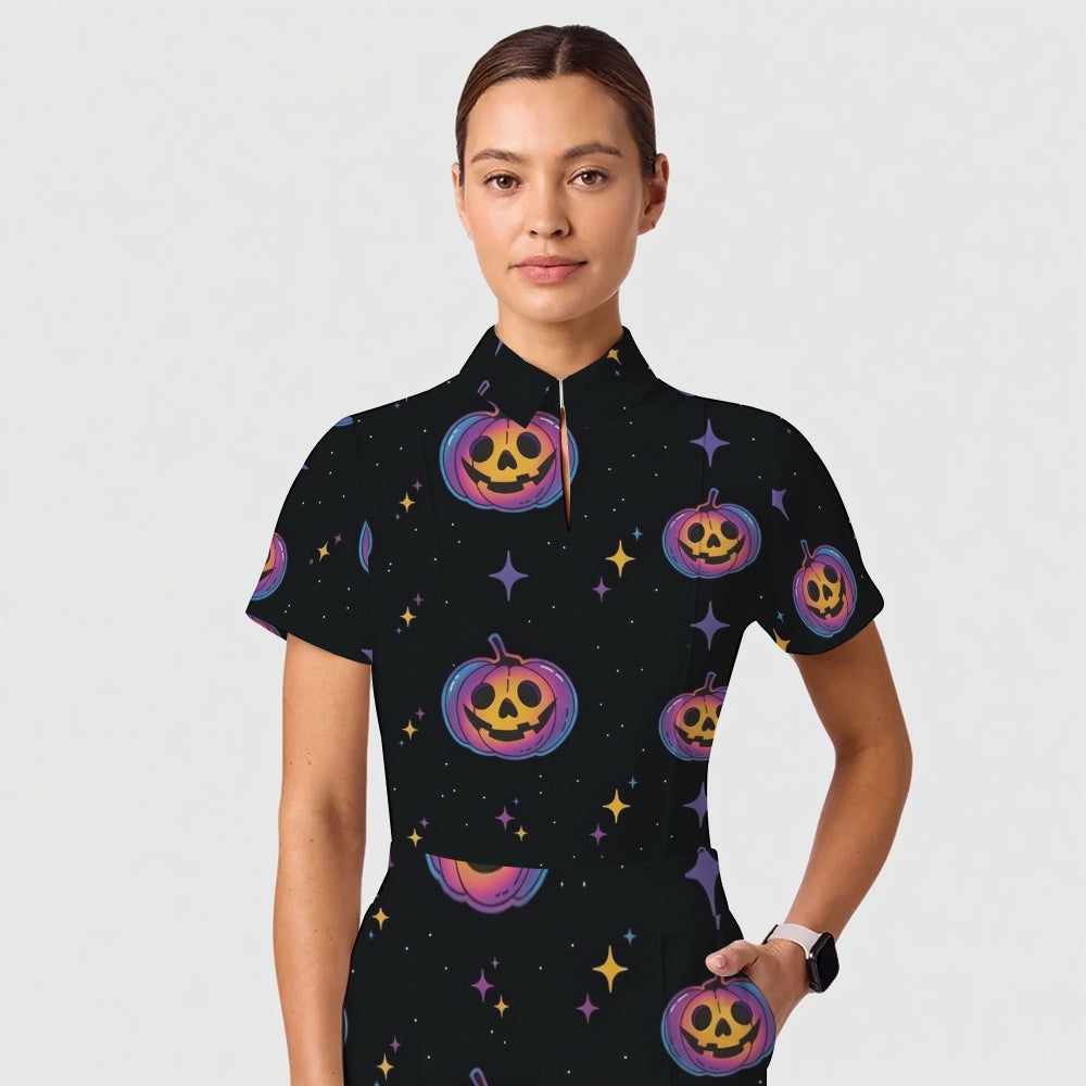 Women's Casual Shirt Collar Halloween Printed Scrub Set SJ91713