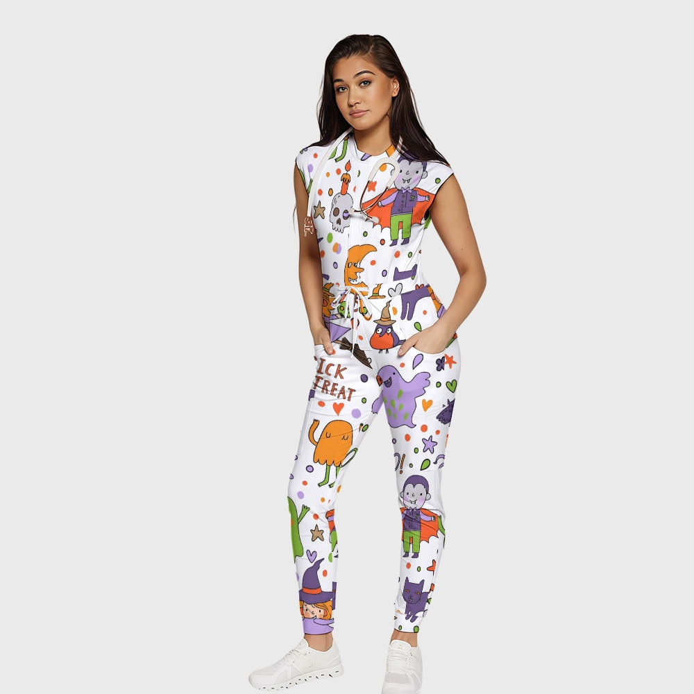 Women's Twelve Pockets Jogger Halloween Printed Scrub Jumpsuit SJ9174