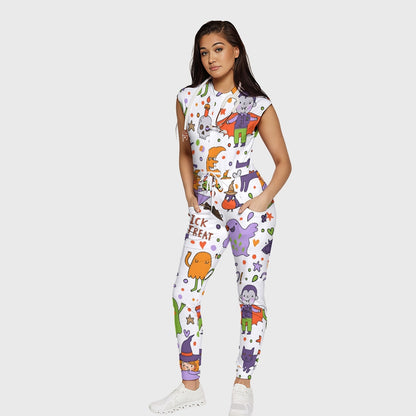 Women's Twelve Pockets Jogger Halloween Printed Scrub Jumpsuit SJ9174