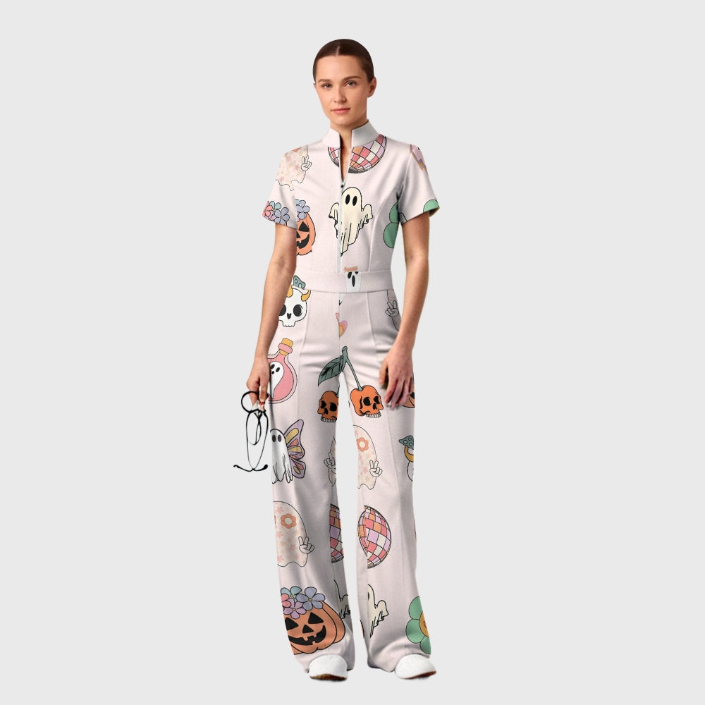 Women's Slim Fit Wide Leg Zip Neck Halloween Printed Scrub Jumpsuit SJ91739