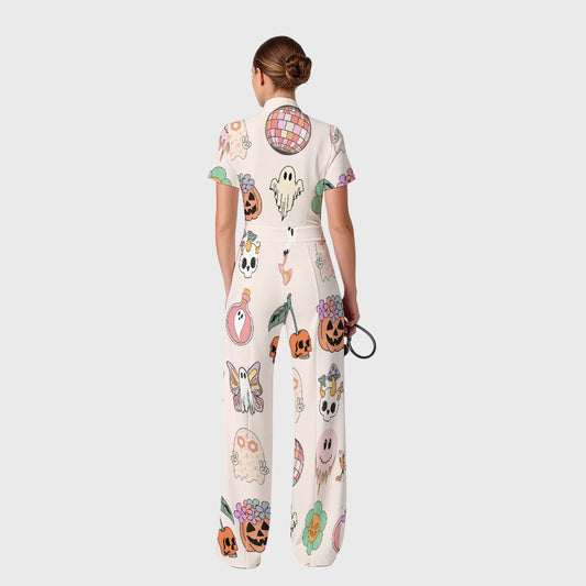 Women's Slim Fit Wide Leg Zip Neck Halloween Printed Scrub Jumpsuit SJ91739