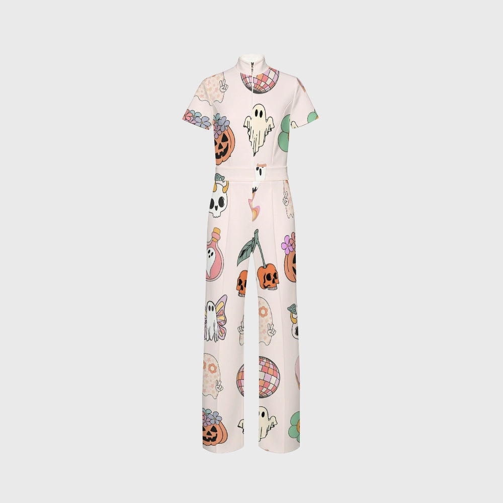 Women's Slim Fit Wide Leg Zip Neck Halloween Printed Scrub Jumpsuit SJ91739