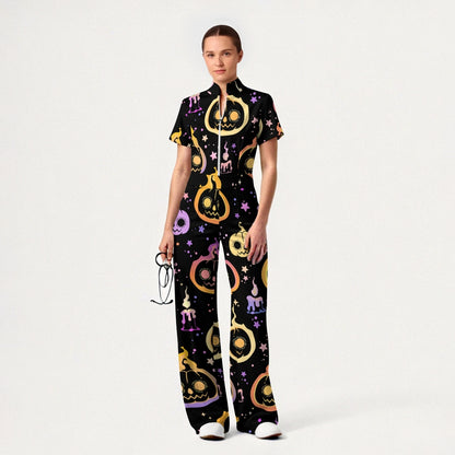 Women's Slim Fit Wide Leg Zip Neck Halloween Printed Scrub Jumpsuit SJ91741
