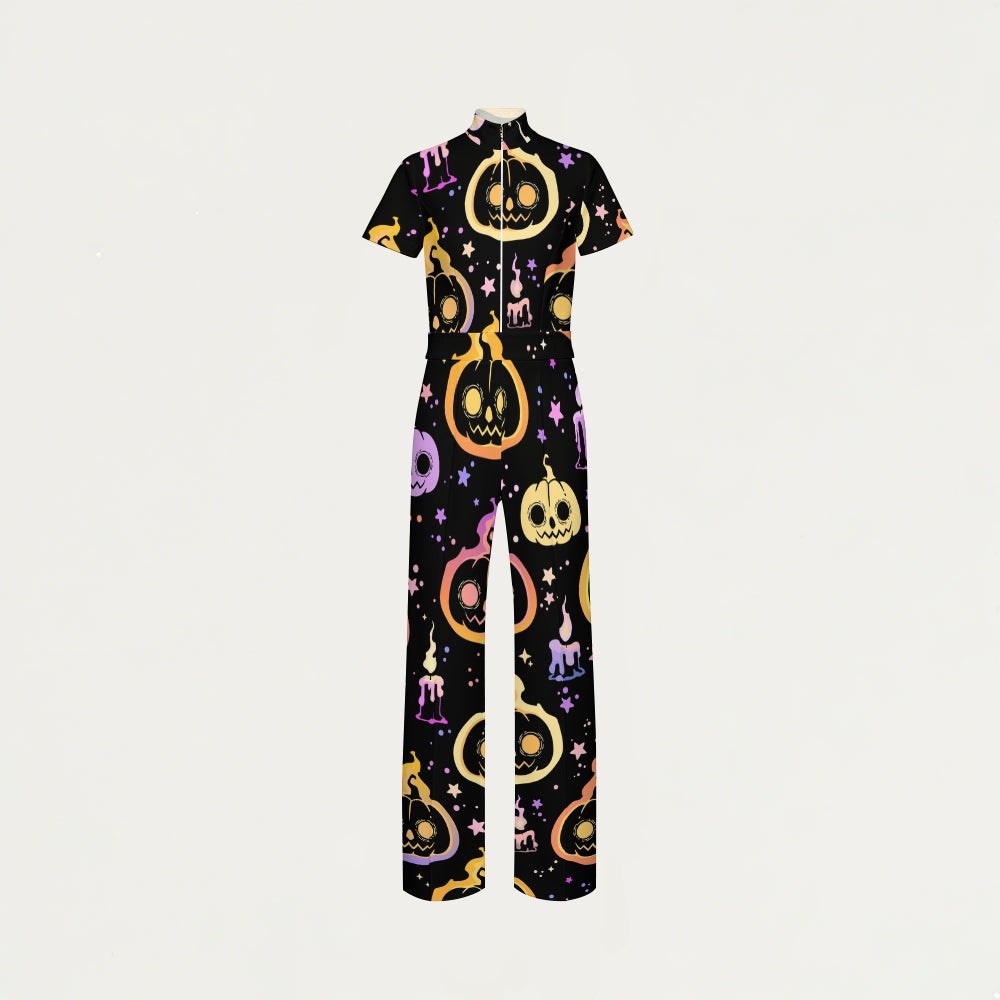 Women's Slim Fit Wide Leg Zip Neck Halloween Printed Scrub Jumpsuit SJ91741
