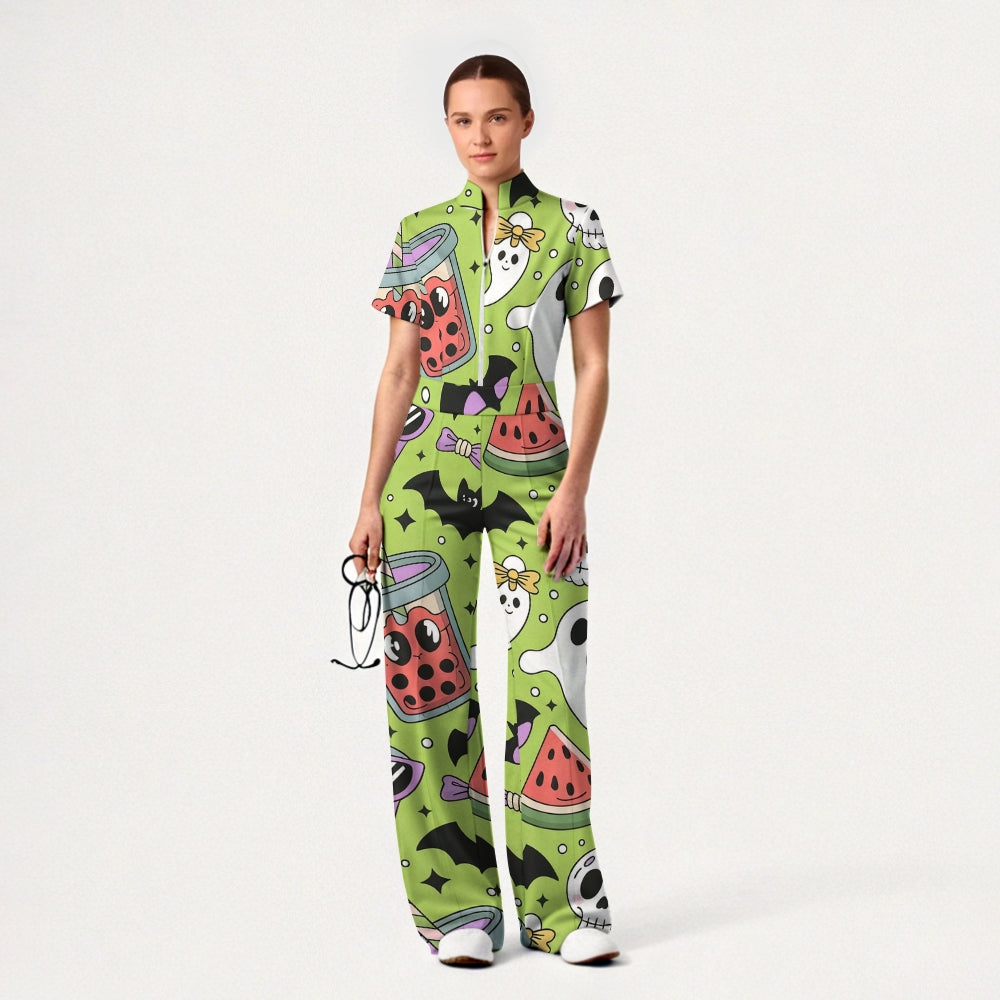Women's Slim Fit Wide Leg Zip Neck Halloween Printed Scrub Jumpsuit SJ91742