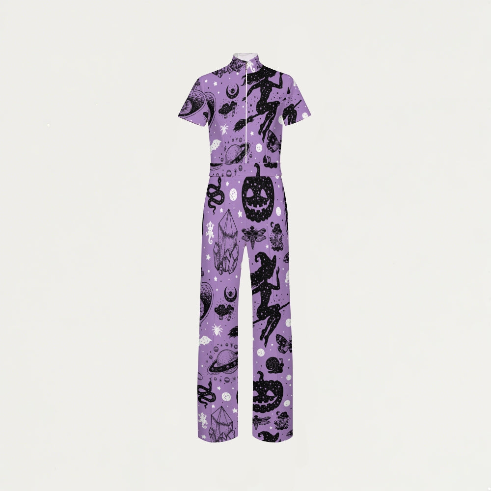 Women's Slim Fit Wide Leg Zip Neck Halloween Printed Scrub Jumpsuit SJ91743