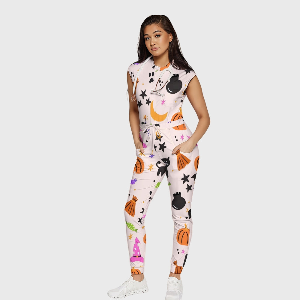 Women's Twelve Pockets Jogger Halloween Printed Scrub Jumpsuit SJ9176