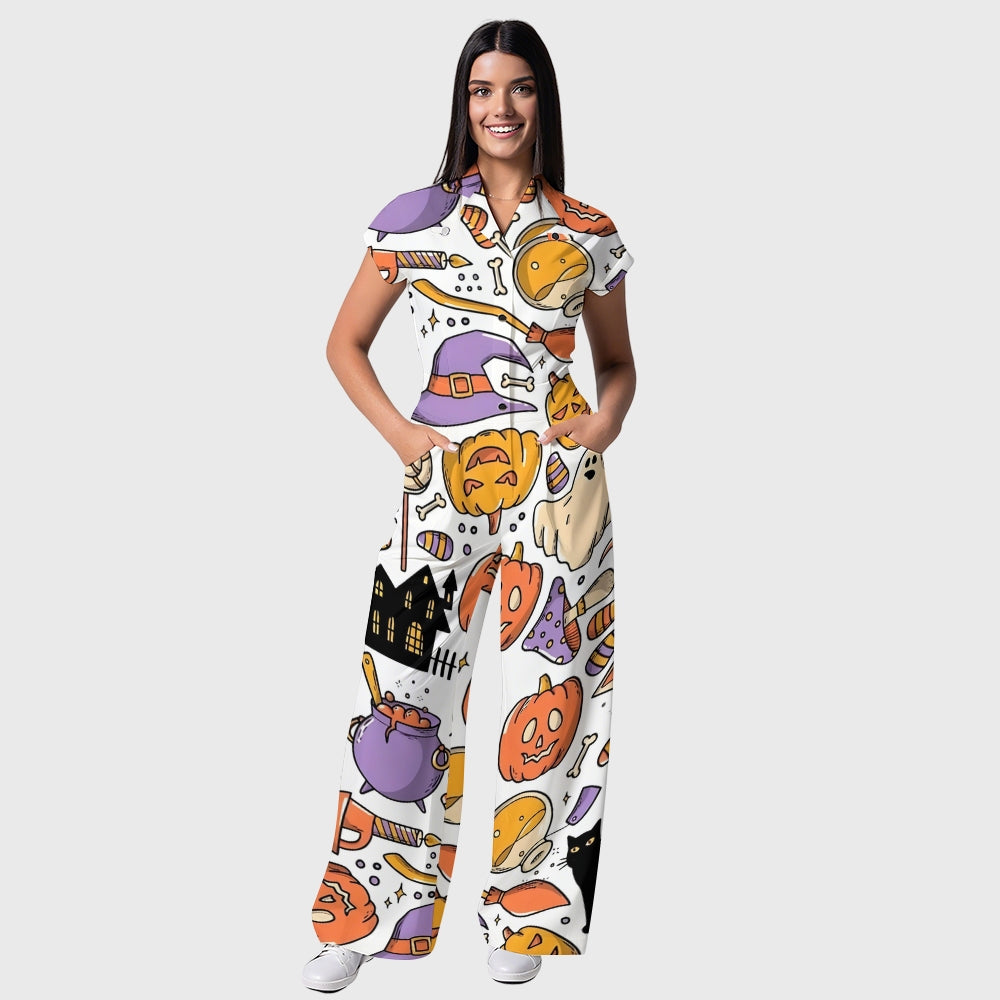 Women's Button-Up Halloween Print Scrub Jumpsuit SJ91720