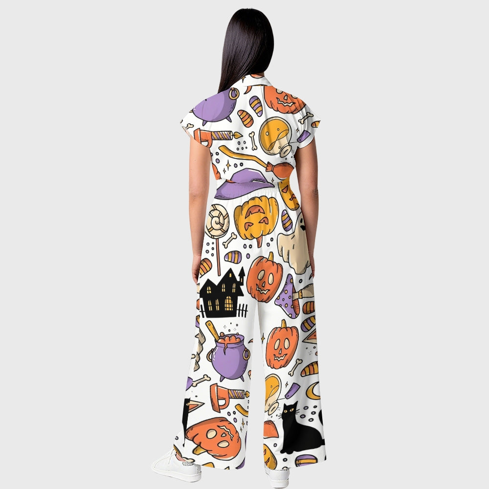 Women's Button-Up Halloween Print Scrub Jumpsuit SJ91720