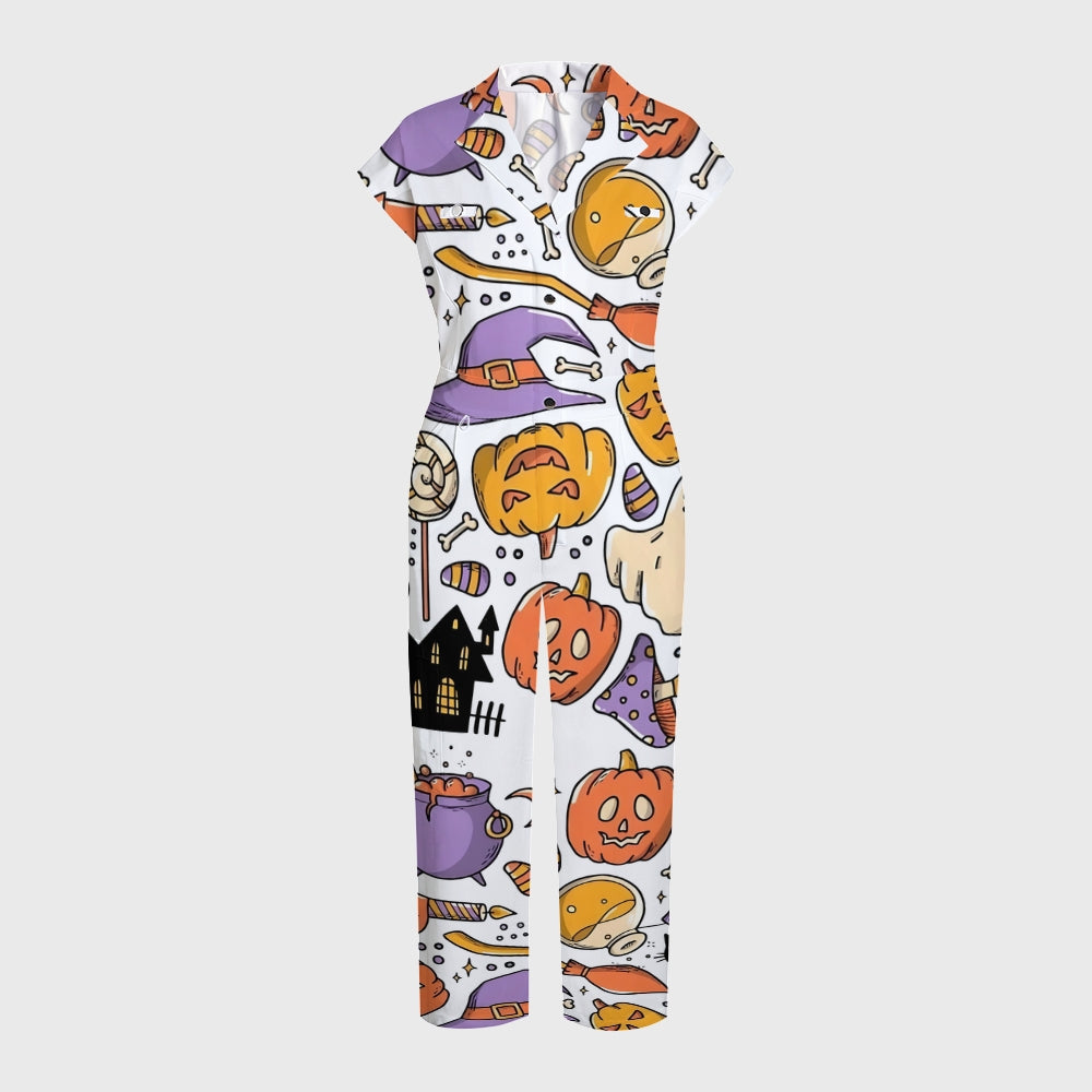 Women's Button-Up Halloween Print Scrub Jumpsuit SJ91720