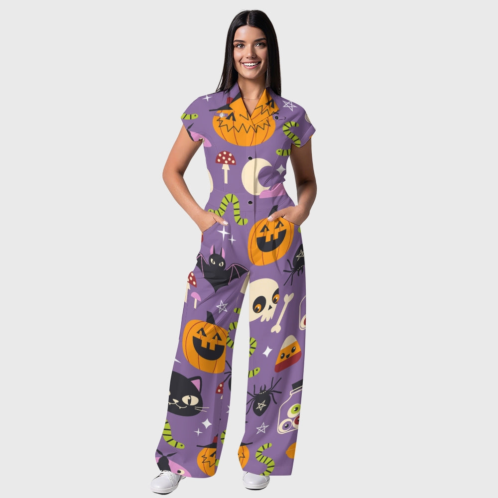 Women's Button-Up Halloween Print Scrub Jumpsuit SJ91723