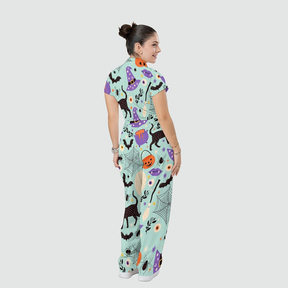 Women's Stand Collar Waist Tie Halloween Print Scrub Jumpsuit SJ91715