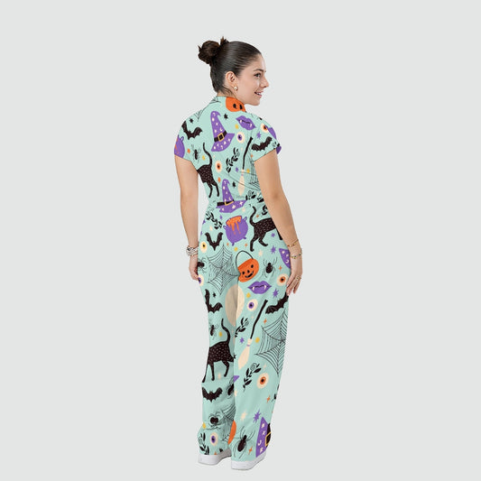 Women's Stand Collar Waist Tie Halloween Print Scrub Jumpsuit SJ91715