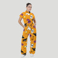 Women's Stand Collar Waist Tie Halloween Print Scrub Jumpsuit SJ91716