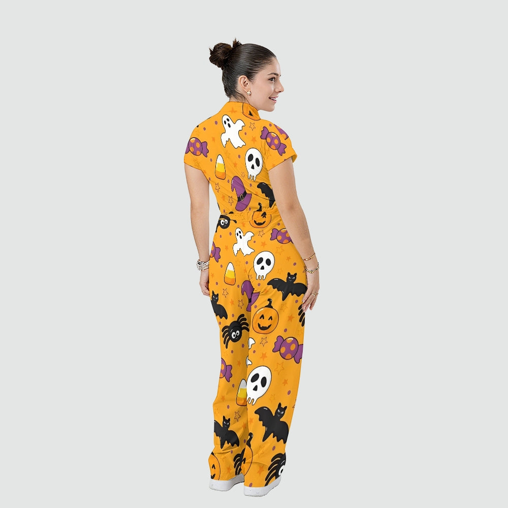 Women's Stand Collar Waist Tie Halloween Print Scrub Jumpsuit SJ91716