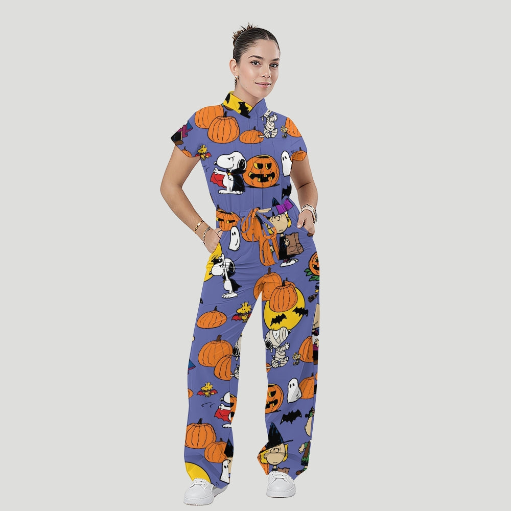 Women's Stand Collar Waist Tie Halloween Print Scrub Jumpsuit SJ91717