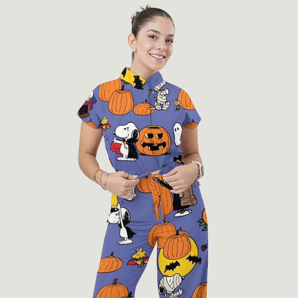 Women's Stand Collar Waist Tie Halloween Print Scrub Jumpsuit SJ91717