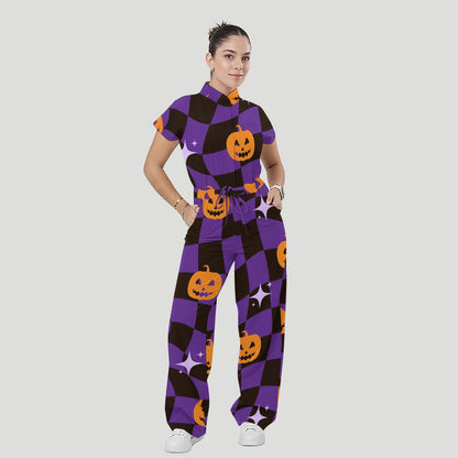Women's Stand Collar Waist Tie Halloween Print Scrub Jumpsuit SJ91718