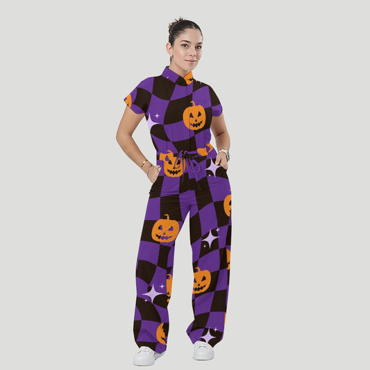 Women's Stand Collar Waist Tie Halloween Print Scrub Jumpsuit SJ91718