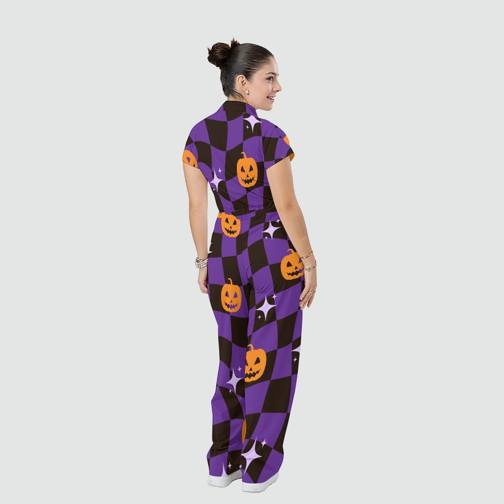 Women's Stand Collar Waist Tie Halloween Print Scrub Jumpsuit SJ91718