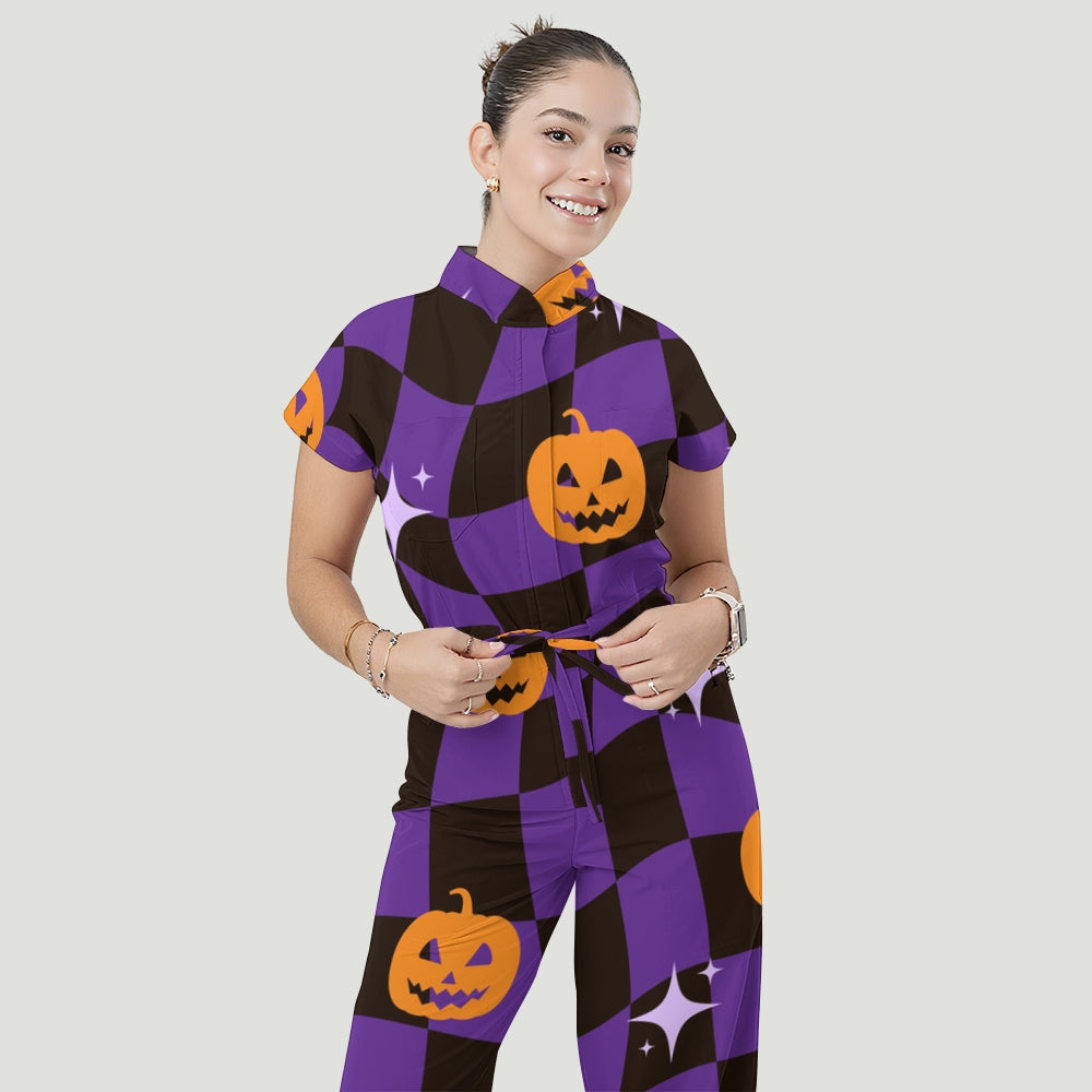 Women's Stand Collar Waist Tie Halloween Print Scrub Jumpsuit SJ91718