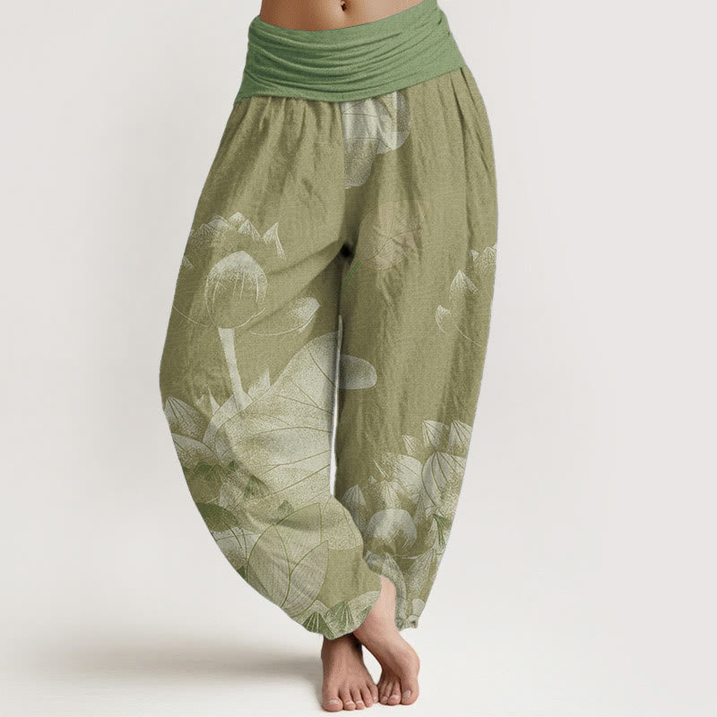 Pure Cotton Pink And White Lotus Women's Elastic Waist Harem Pants