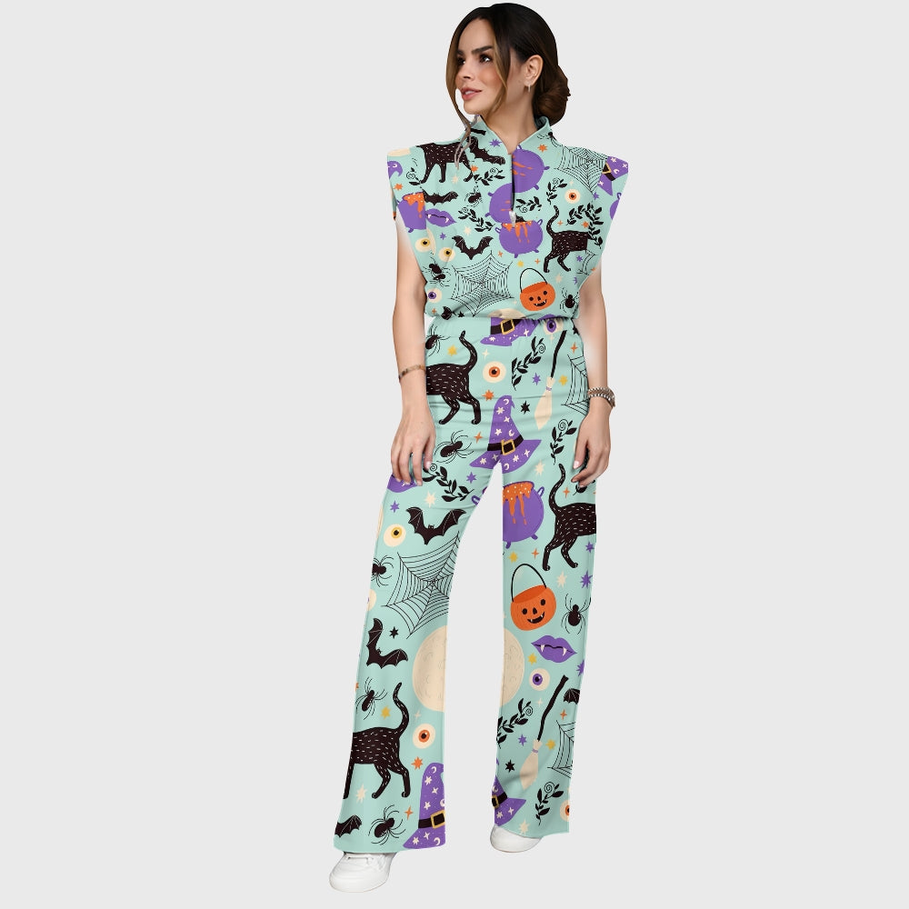 Women's Stand-Up Tie Zipper Halloween Printed Scrub Set SJ91727