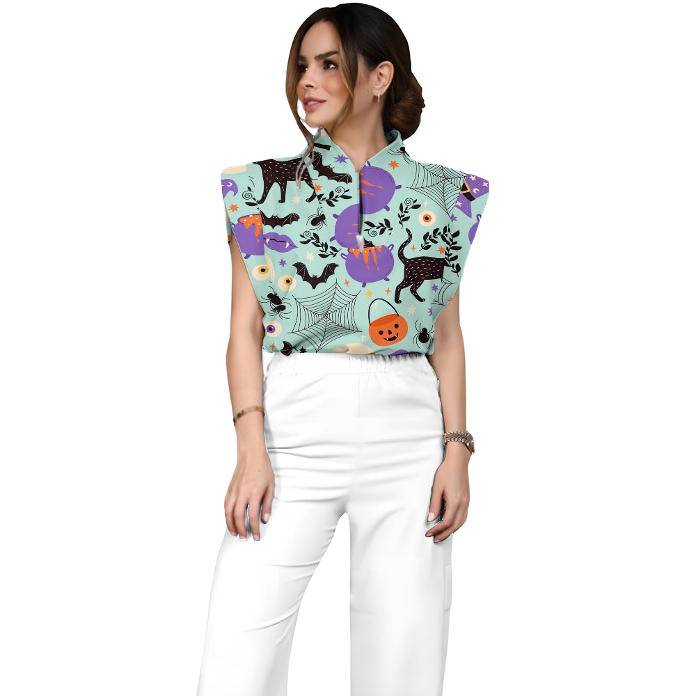 Women's Stand-Up Tie Zipper Halloween Printed Scrub Set SJ91727