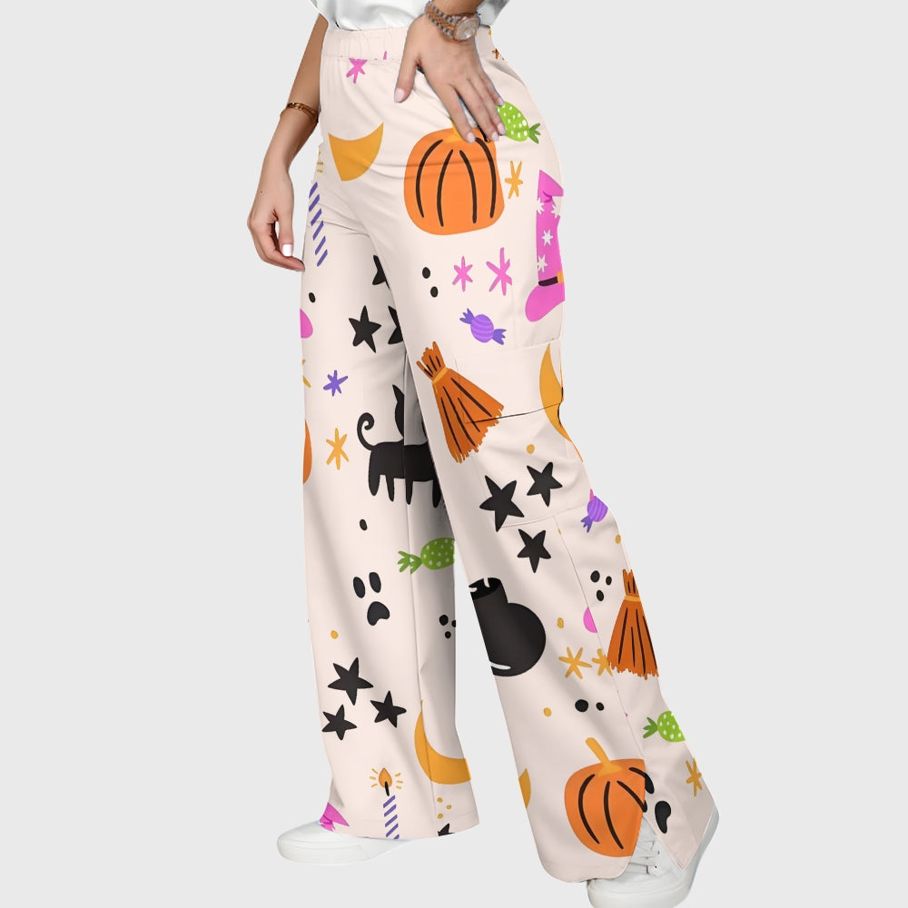 Women's Stand-Up Tie Zipper Halloween Printed Scrub Set SJ91730