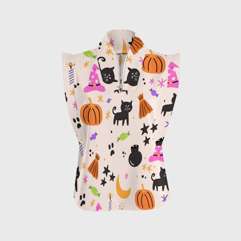 Women's Stand-Up Tie Zipper Halloween Printed Scrub Set SJ91730
