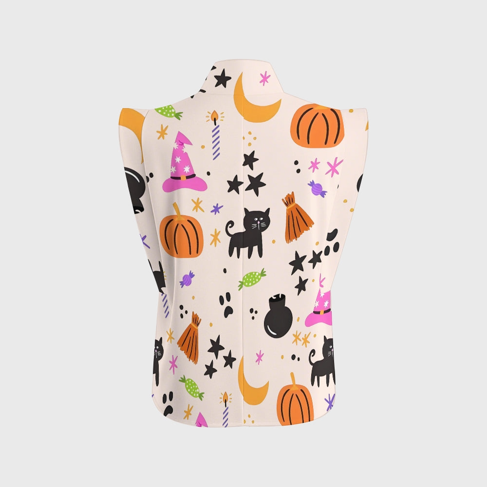 Women's Stand-Up Tie Zipper Halloween Printed Scrub Set SJ91730