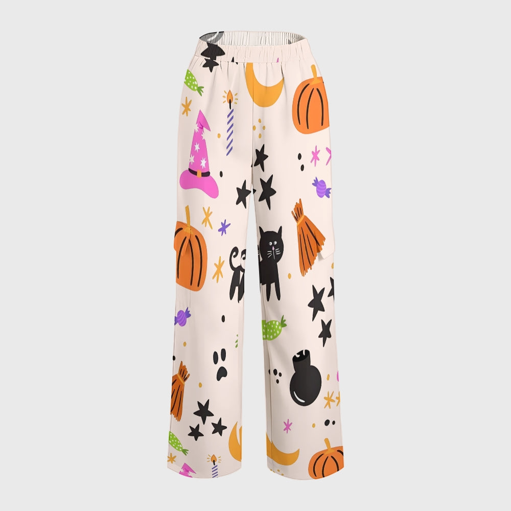 Women's Stand-Up Tie Zipper Halloween Printed Scrub Set SJ91730