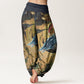 Pure Cotton Dragon Auspicious Clouds Pattern Women's Elastic Waist Harem Pants