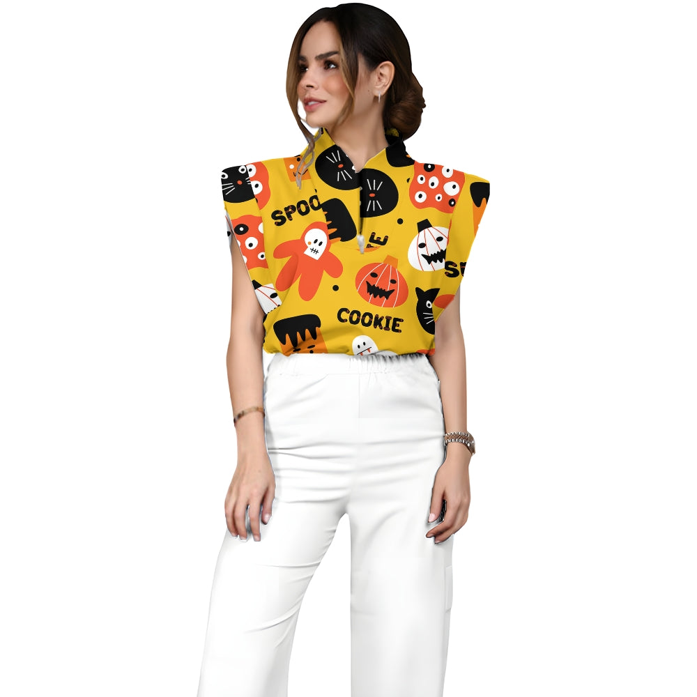 Women's Stand-Up Tie Zipper Halloween Printed Scrub Set SJ91734