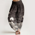 Pure Cotton Casual Wave Moon Mountain Pattern Women's Elastic Waist Harem Pants
