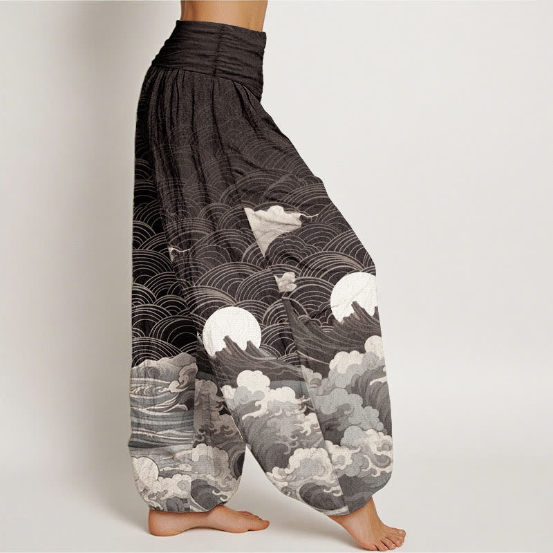 Pure Cotton Casual Wave Moon Mountain Pattern Women's Elastic Waist Harem Pants